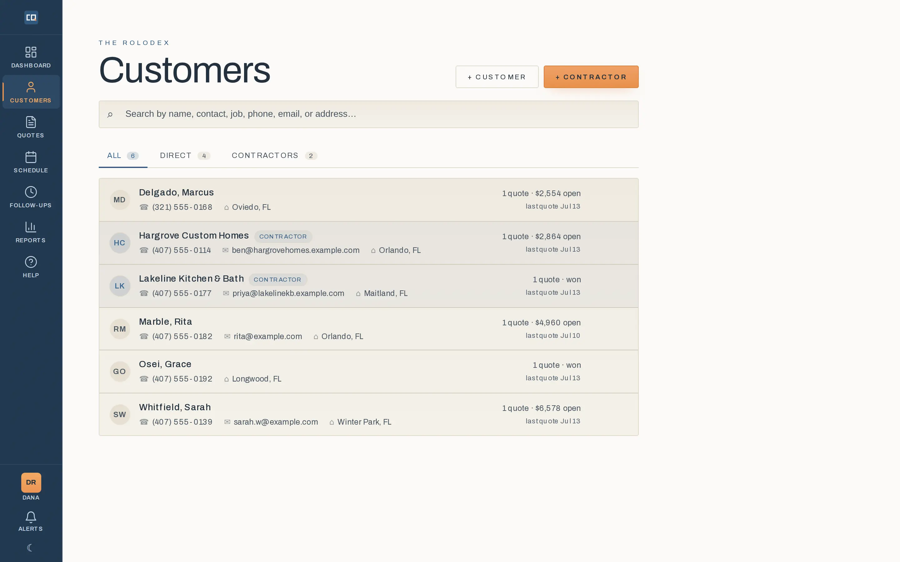 The customer book: direct customers and contractors with contact info, open quote value, and last-quoted dates.