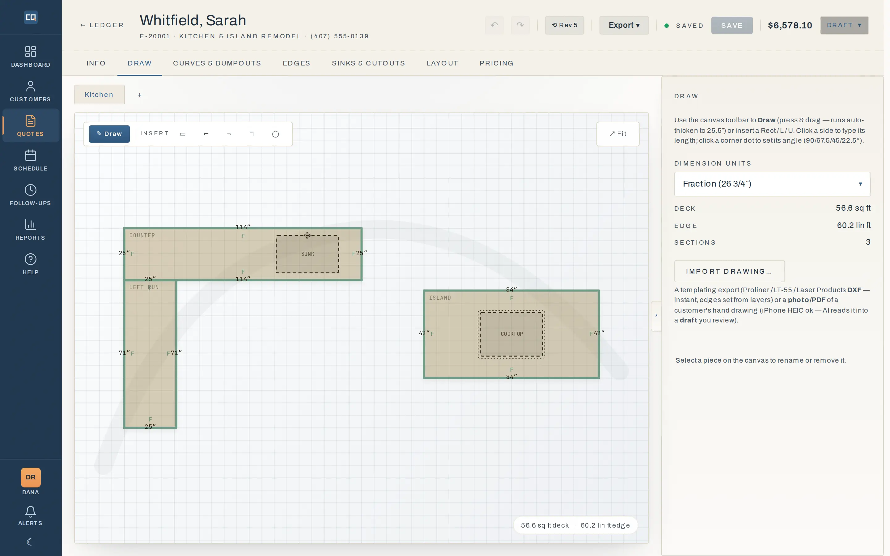 The CounterQuotes drawing canvas: an L-shaped kitchen and an island with a sink and cooktop, dimensioned in inches, with live deck and edge tallies and the quote total in the header.