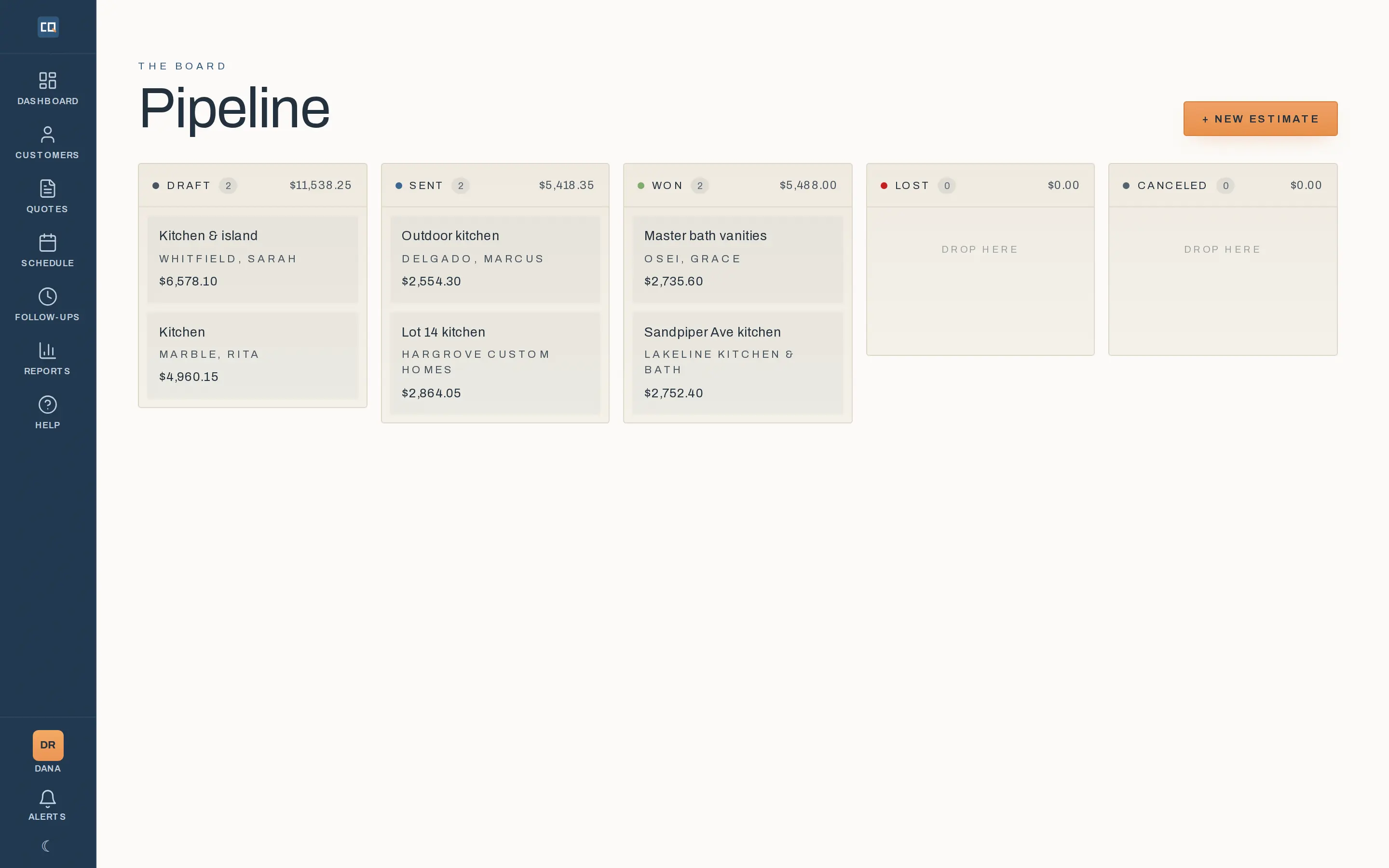 The pipeline board: estimate cards with customer names and dollar values in draft, sent, and won columns, with column totals.