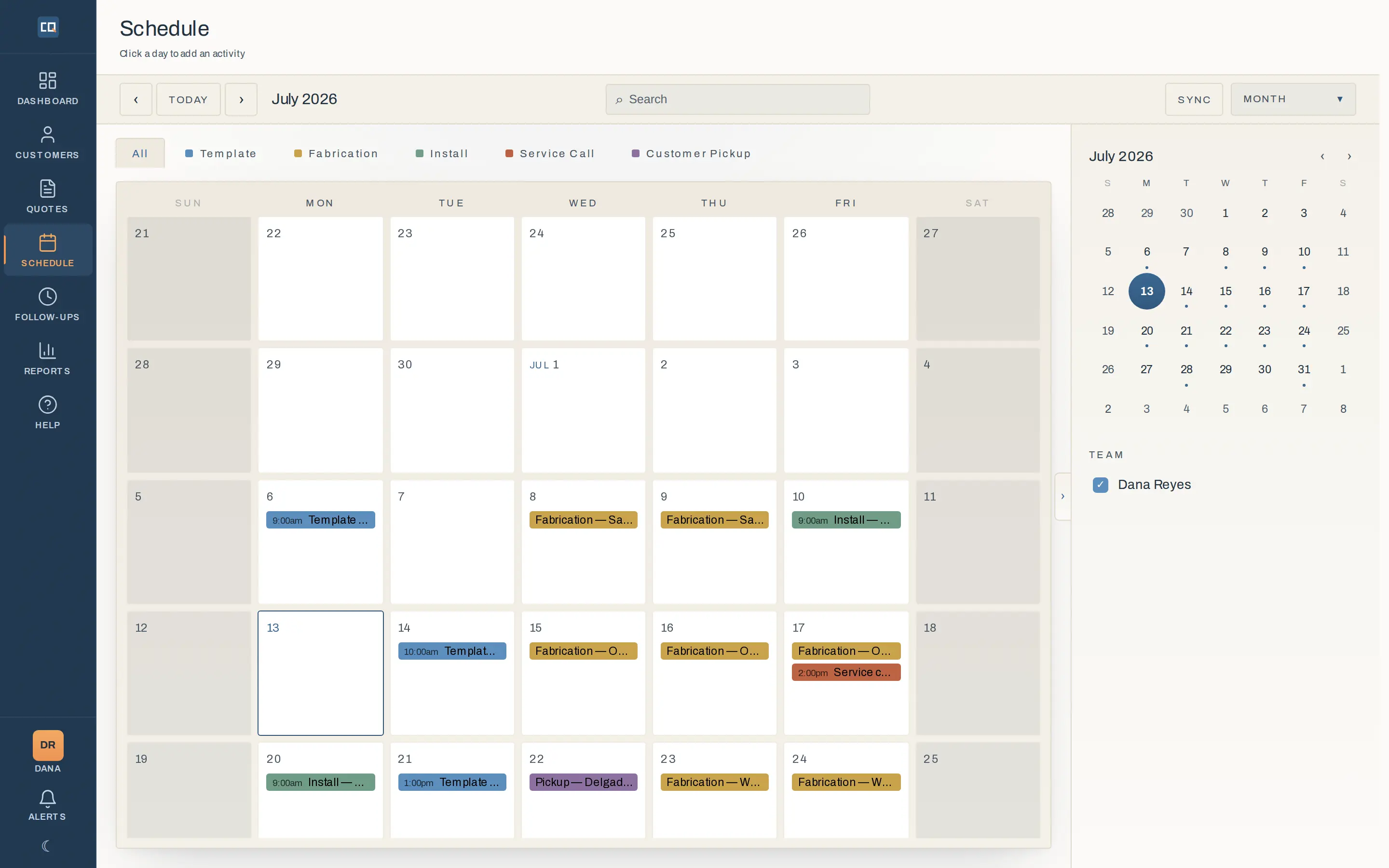 The shop schedule in month view: color-coded template, fabrication, install, service call, and customer pickup activities across July.