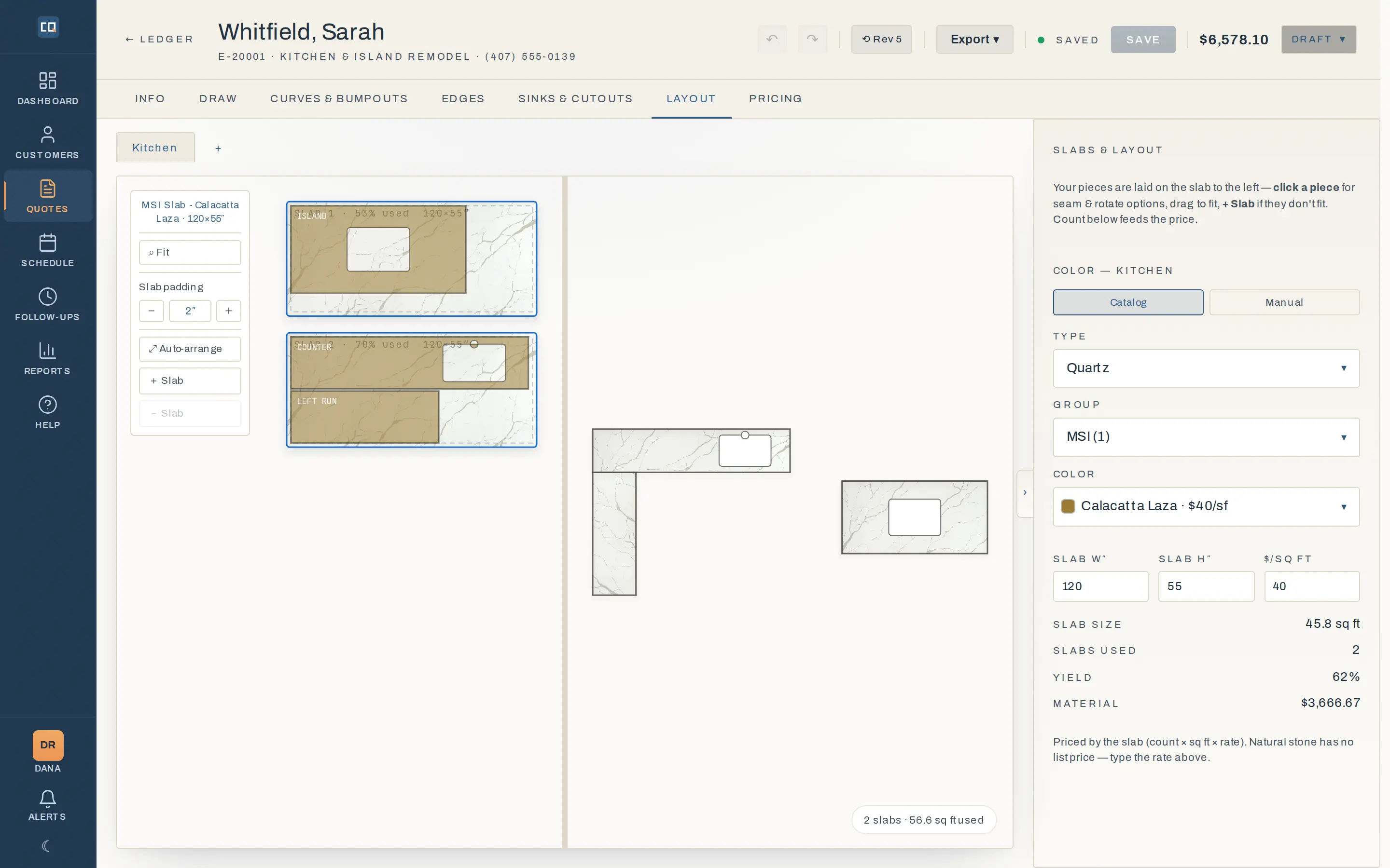 The slab layout tab: kitchen pieces nested onto two real Calacatta quartz slab photos, with yield percentage, slabs used, and the material price computed from the layout.